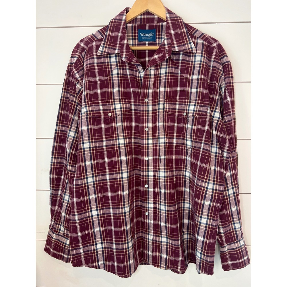 Wrangler Western Shirts Mens Burgundy Plaid Pearl Snap Long Sleeve Shirt XL